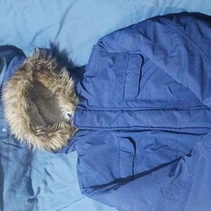 The Children's Place Blue Puffer Jacket with Faux Fur Hood